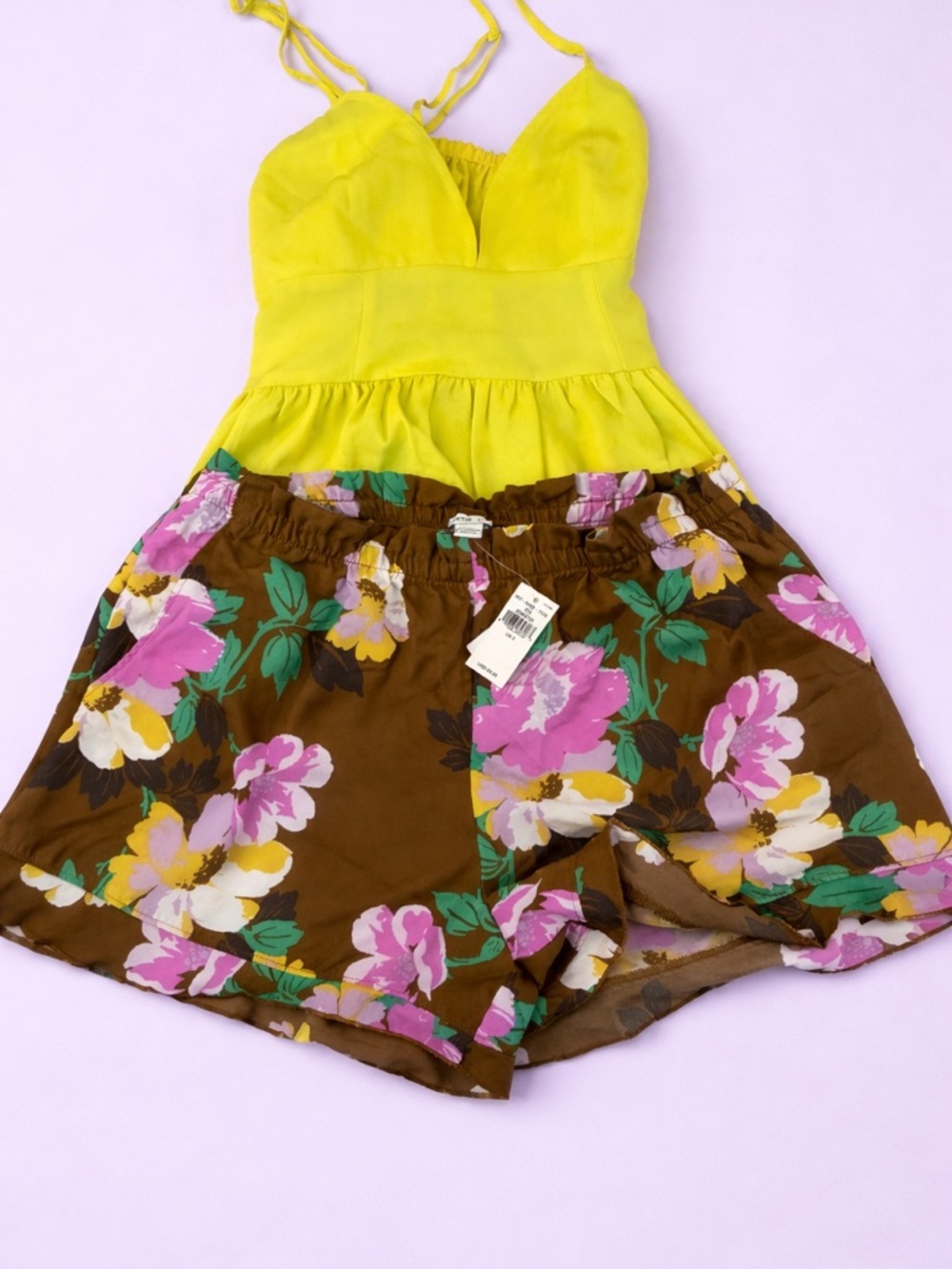 aerie Floral High-Waist Shorts in Brown with Pink & Yellow Flowers